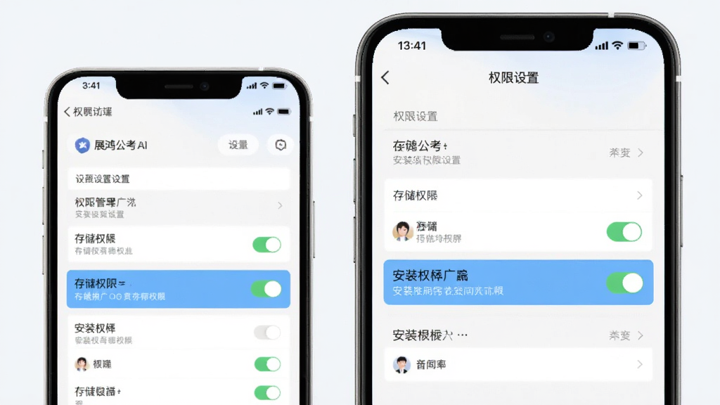 展鸿公考AI学移动端安装与权限设置示意图,主体为手机屏幕中显示的权限管理设置页面,布局为列表式排列,排版清晰,风格为系统设置界面风,细节上高亮显示存储权限与安装权限开关,背景为干净的浅色界面,画质清晰,干净无多余元素