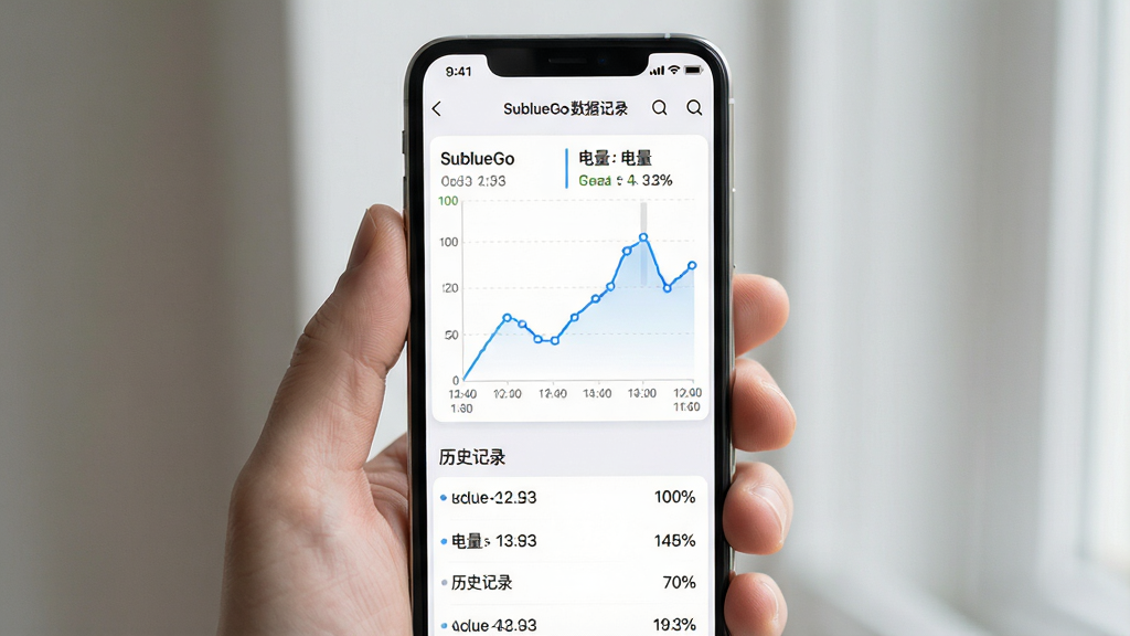 主体是手机屏幕展示SublueGo数据记录页面,页面中有折线图显示速度和电量变化、列表显示历史记录,布局为手机居中、数据图表占据屏幕主体,排版清晰分层,风格为清新数据可视化界面,细节包括蓝色折线、时间戳、电量百分比,画质高清、干净、无多余元素,画面中打文字“SublueGo 数据记录”