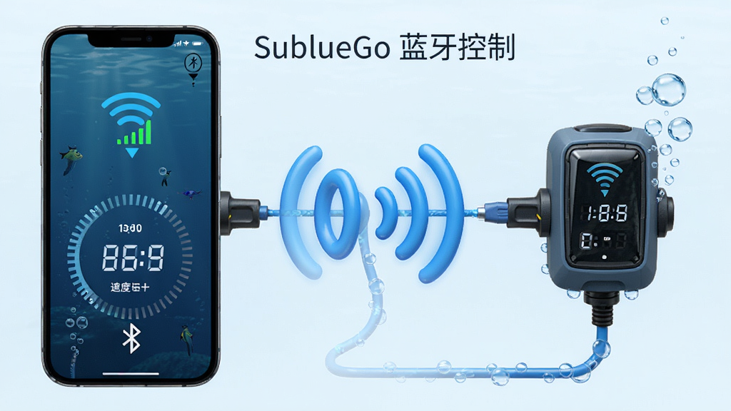主体是手机与水下推进器之间用蓝色蓝牙信号线连接,布局为左侧手机右侧推进器、中间信号波纹,排版横向对称,风格为科技示意图,细节包括信号强度图标、速度档位数字、水下气泡点缀,画质高清、干净、无多余元素,画面中打文字“SublueGo 蓝牙控制”