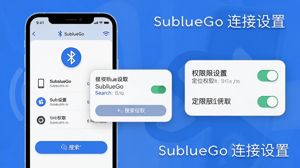 主体是手机屏幕显示SublueGo蓝牙搜索界面,界面中有设备列表和搜索按钮,旁边有权限设置弹窗示意,布局为手机居中偏左、右侧浮窗展示权限开关,排版清晰分区,风格为扁平化教程插画,细节包括蓝牙图标、定位权限开关、设备名称条目,画质高清、干净、无多余元素,画面中打文字“SublueGo 连接设置”