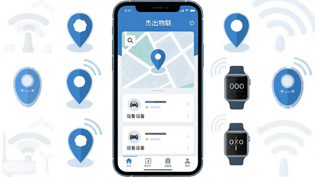 画面中央放置一部智能手机,屏幕显示“杰出物联”应用主界面,包含地图定位标记与设备列表卡片,手机周围环绕GPS定位图标、车载追踪器、智能手表等物联设备元素,整体采用扁平化科技风格,蓝白配色,布局居中对称,细节干净清晰,画质高清,无多余装饰元素