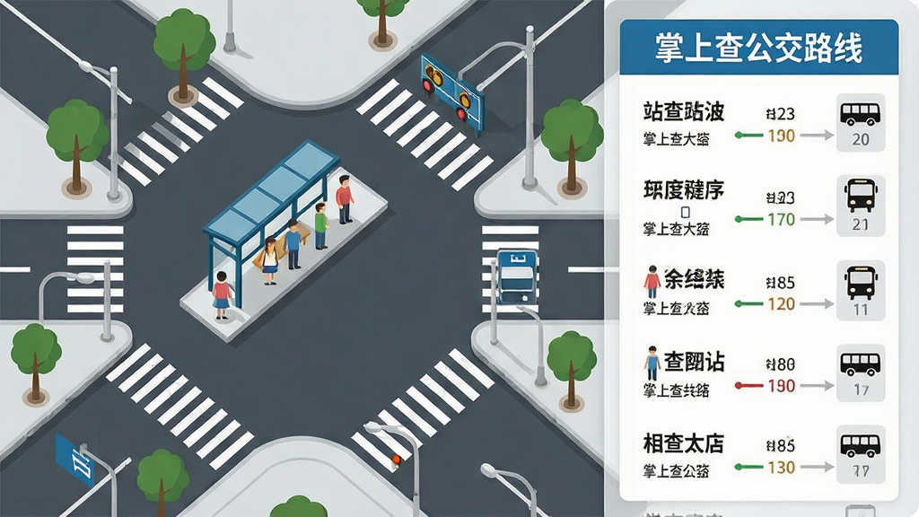 һ�Ÿ����ӽǵĳ��н����廭����������Ϊʮ��·���빫��վ̨��վ̨��������С��ͼ���ʾ�򳵳˿ͣ������Ҳ�����Ϣ�����ʽ���С����ϲ鹫��·�ߡ����ܱ�վ���б�������վ������·��ţ����岼��Ϊ���ҷ��������Ϊ���ʸ���廭��ϸ�ڰ����е������������빫��ͼ�꣬���ʸɾ��������޶���װ��Ԫ��