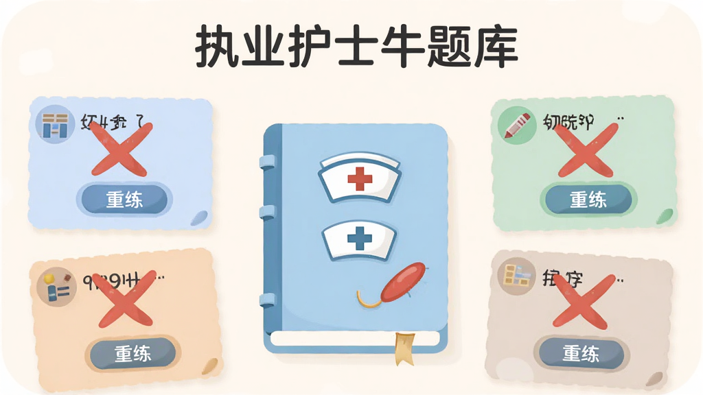 画面主体是一个带有红色标记的错题本图标与环绕的题目卡片,卡片上标注叉号与“重练”按钮,布局为错题本居中、题目卡片围绕排列,排版上顶部用文字标注“执业护士牛题库”名称,风格为轻量教育类插画风,细节上错题本封面有护士帽图案、卡片颜色区分科目、整体色调柔和,画质高清、画面干净、无多余元素