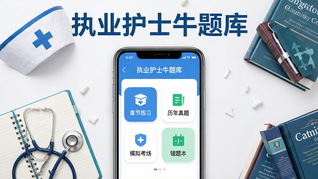 画面主体是一部智能手机,屏幕中展示“执业护士牛题库”应用首页界面,界面包含章节练习、历年真题、模拟考场、错题本等入口按钮,手机周围环绕着护士帽、听诊器、笔记本与医学书籍等元素,布局为手机居中、辅助元素环绕四周的构图,排版上标题文字“执业护士牛题库”置于画面上方醒目位置,风格为清新医疗风与扁平化UI结合,细节上按钮圆角柔和、图标线条简洁、配色以蓝白为主辅以少量绿色点缀,画质高清、画面干净、无多余元素