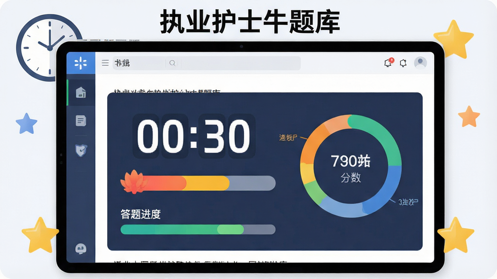 画面主体是一块显示倒计时与答题进度条的模拟考试界面,屏幕中呈现试卷页面与分数环形图,布局为考试界面居中放大、周围点缀时钟与评分星星图标,排版上顶部标注“执业护士牛题库”文字,风格为现代扁平化考试系统风,细节上倒计时数字醒目、进度条色彩分明、环形图数据清晰,画质高清、画面干净、无多余元素