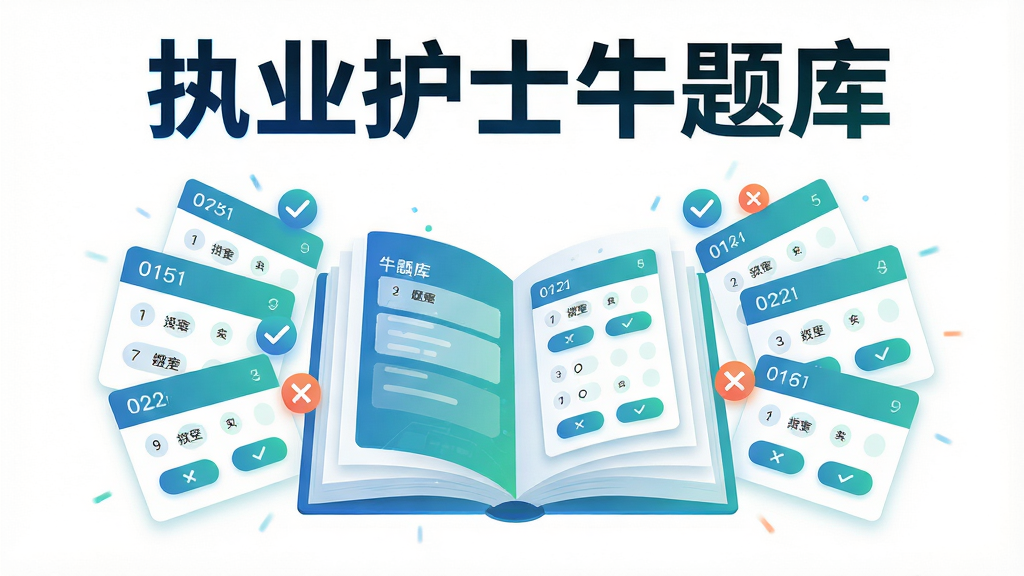 画面主体是一本展开的电子题库界面悬浮在空中,书页中飞出多个选择题卡片与对勾叉号图标,布局为题库书本居中、题目卡片呈扇形向两侧展开,排版上顶部用醒目文字标注“执业护士牛题库”名称,风格为科技感与教育感融合的简约插画风,细节上卡片带有题号与选项按钮、配色以蓝绿渐变为主、背景干净留白,画质高清、画面干净、无多余元素