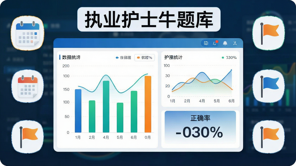 画面主体是一块数据统计仪表盘界面,包含柱状图、折线图与正确率百分比数字,布局为仪表盘居中展示、周围点缀日历与目标旗帜图标,排版上顶部标注“执业护士牛题库”文字,风格为清爽数据可视化风,细节上图表配色以蓝绿橙区分、数字清晰可读、背景简洁,画质高清、画面干净、无多余元素