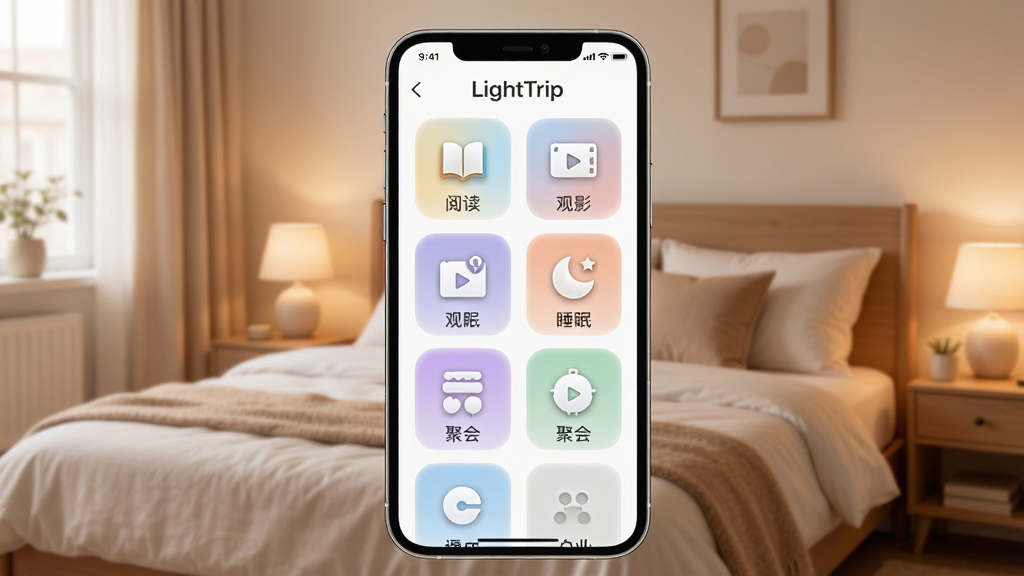 LightTripӦ�ó���ģʽѡ�����չʾ���ֻ���Ļ�ϣ���������Ϊ�ֻ�����Ļ����ʾ�������ģʽͼ�����г�����״�������Ķ�����Ӱ��˯�ߡ��ۻ��ͼ�꣬����Ϊ��ܰ�����һ��������Ϊ���¼�Լ�磬ϸ�ڰ���ͼ����ƾ��¡�ɫ����ͣ����ʸ��壬�ɾ����޶���Ԫ��