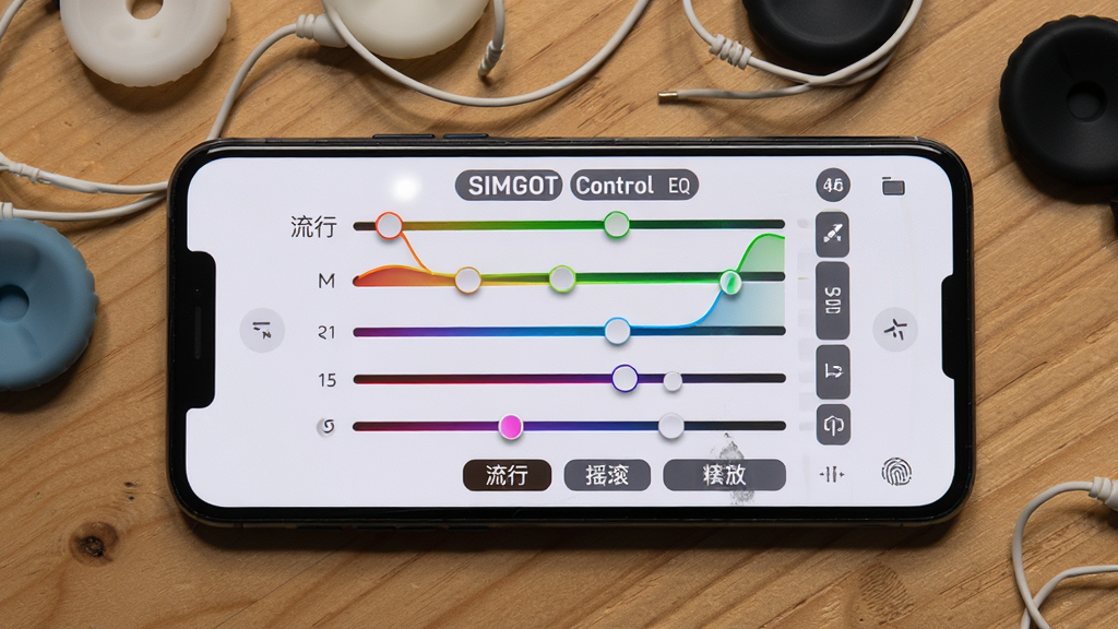 手机屏幕显示“SIMGOT Control”的EQ均衡器调节页面,页面中有多条彩色滑杆曲线和“流行”“摇滚”等预设按钮,手机平放在木质桌面上,旁边散落几颗耳机硅胶套,布局为俯视角度手机居中,风格为数码评测场景风格,细节包括滑杆高光与屏幕指纹痕迹,画质高清,干净,无多余元素