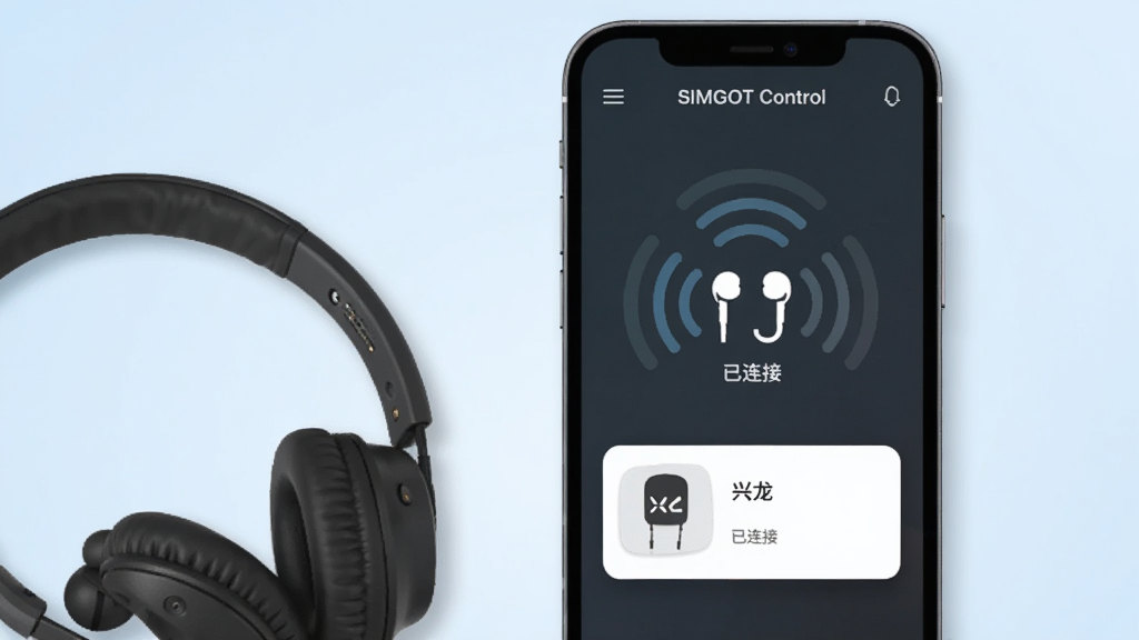 一部手机屏幕显示“SIMGOT Control”设备扫描界面,界面上出现一个耳机图标和“已连接”字样,手机旁边放着一副兴戈耳机,背景为淡蓝色渐变,布局为手机居中、耳机在左下角,风格为扁平化UI展示风格,细节包括扫描波纹动画与设备卡片阴影,画质清晰,干净,无多余元素