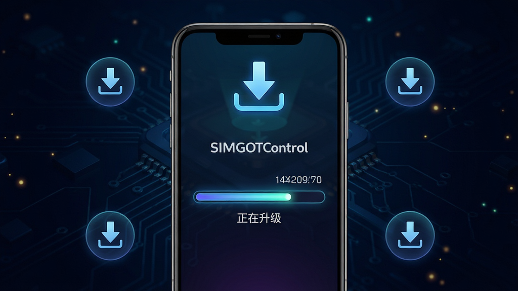 手机屏幕显示“SIMGOT Control”的固件升级页面,页面中央有进度条和“正在升级”字样,手机上方漂浮一个下载箭头图标,背景为深色科技感渐变,布局为手机居中、图标环绕,风格为科技升级提示风格,细节包括进度条光效与版本号文字,画质高清,干净,无多余元素