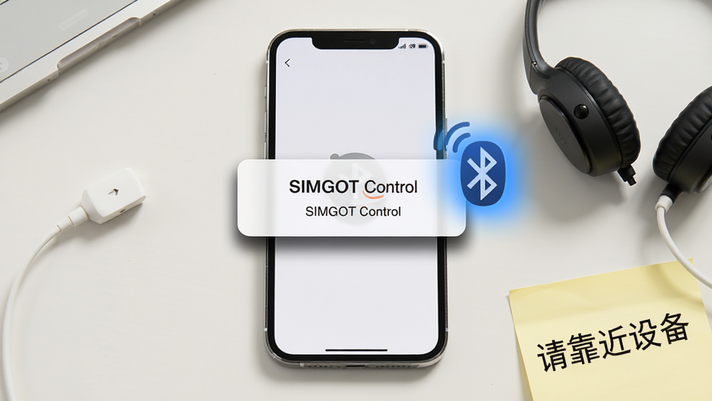 手机屏幕显示“SIMGOT Control”连接失败提示弹窗,弹窗旁有蓝牙图标和信号波纹,手机放在桌面上,旁边有一副耳机和一张写有“请靠近设备”的便签,布局为手机居中、便签在右下角,风格为问题排查示意风格,细节包括弹窗阴影与蓝牙图标光晕,画质清晰,干净,无多余元素