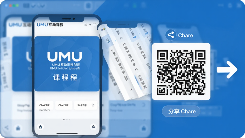 一张展示UMU互动课程创建界面的示意图,画面中有课程封面、章节列表和分享二维码,手机屏幕旁配有分享箭头图标,整体风格简洁商务,配色以蓝白为主,画质干净清晰
