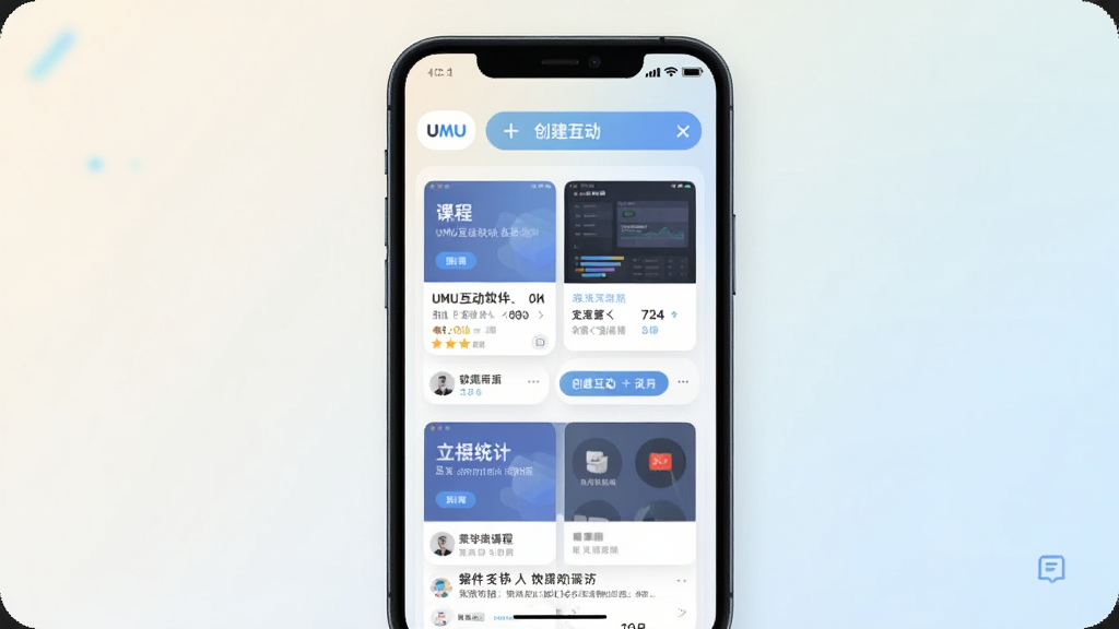 一张展示UMU互动软件主界面的手机屏幕截图,屏幕中呈现课程卡片列表、创建互动按钮和数据统计入口,背景为简洁的浅色渐变,整体风格清爽现代,画质清晰干净,无多余装饰元素