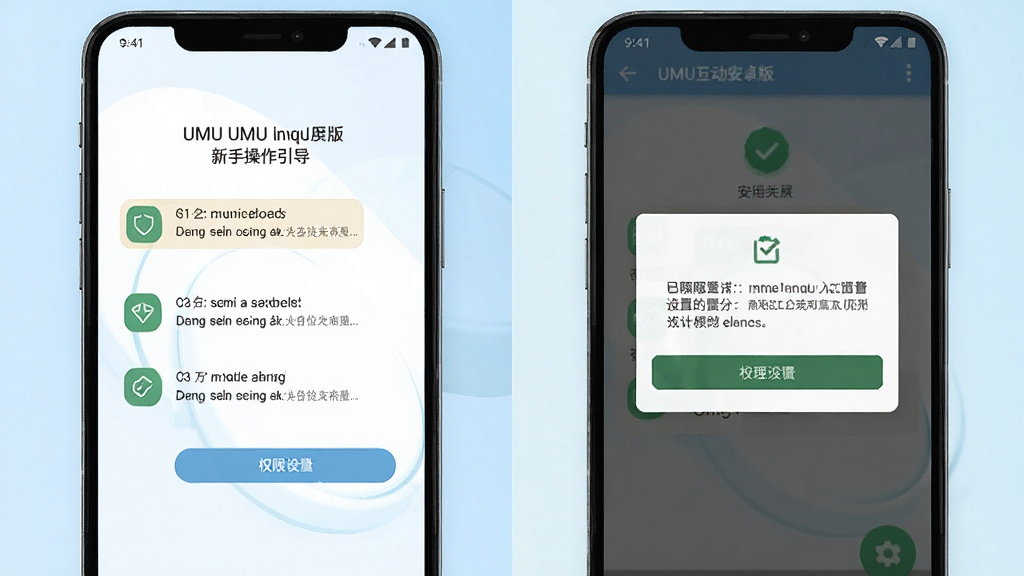 UMU互动安卓版新手操作引导界面,画面展示手机屏幕上的步骤提示与权限设置弹窗,风格简洁明了,配色清爽,画质清晰,无多余元素