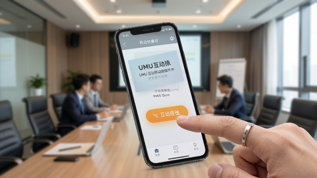 一部智能手机屏幕展示UMU互动移动端操作界面,手指正在点击互动按钮,画面背景为模糊的会议室场景,风格写实,画质清晰,突出移动端便捷操作的特点