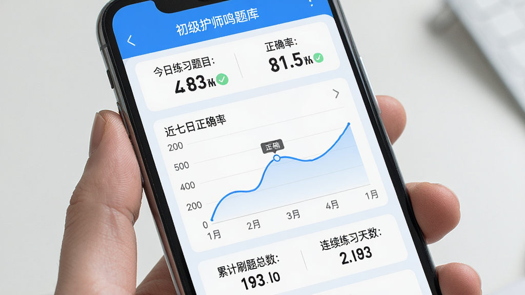 一张手机屏幕展示初级护师鸣题库的练习统计页面,上方为今日练习题目数量和正确率数字,中间为近七日正确率折线图,下方显示累计刷题总数与连续练习天数,界面为浅色背景搭配蓝色数据图表,风格清爽,画质细腻,排版清晰,无多余元素