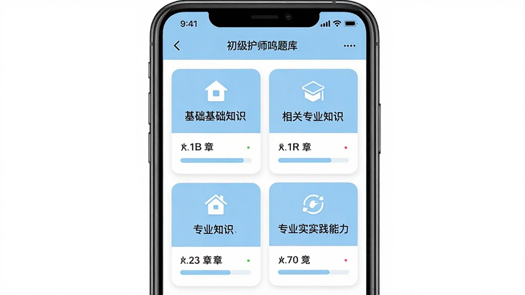 一张手机界面展示初级护师鸣题库的章节练习列表,屏幕上排列着基础知识、相关专业知识、专业知识、专业实践能力四个卡片式入口,每个卡片下方标注章节数量和完成进度,配色为浅蓝与白色搭配,风格简洁清爽,画质清晰,排版整齐,干净无多余元素