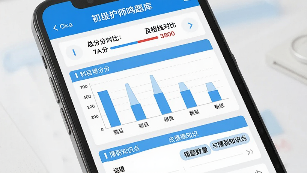 一张手机屏幕展示初级护师鸣题库的模拟考试结果页面,上方显示总分和及格线对比,中间为各科目得分柱状图,下方列出错题数量与薄弱知识点标签,界面风格为医疗蓝白色调,排版清晰,画质干净,无多余装饰元素