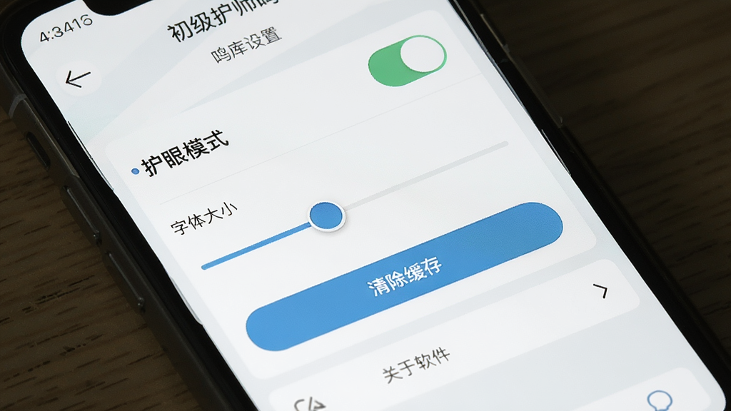 一张手机屏幕展示初级护师鸣题库的设置页面,包含护眼模式开关、字体大小调节滑块、清除缓存按钮和关于软件选项,界面为浅色简约风格,图标线条细腻,排版整齐,画质清晰,干净无多余元素