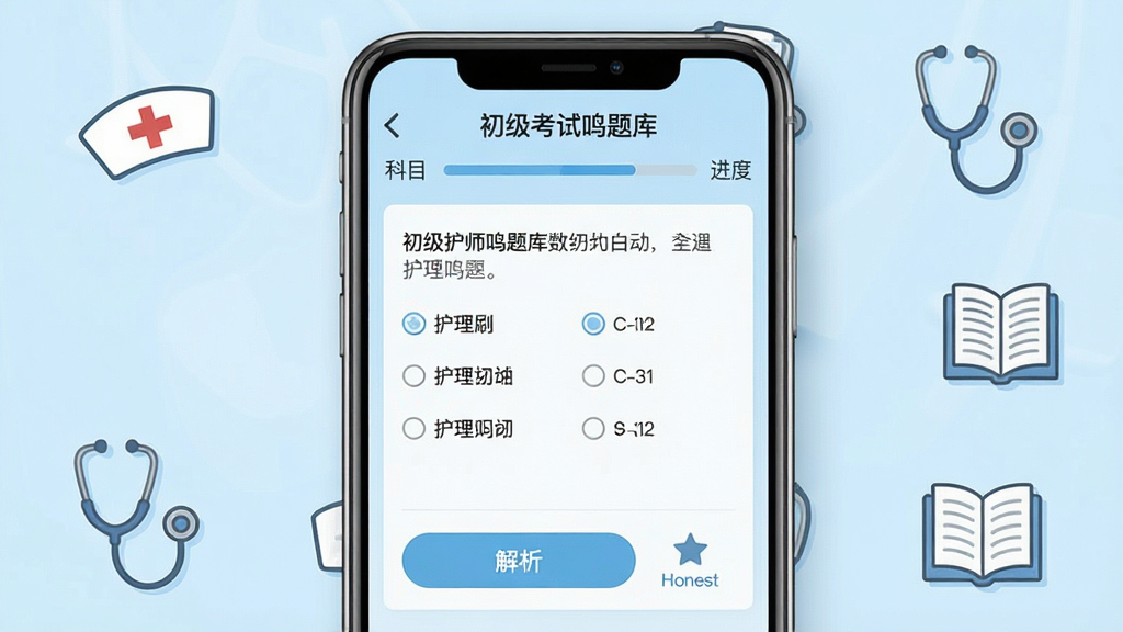 一张手机屏幕展示护理考试刷题软件界面,画面中央是初级护师鸣题库的答题页面,上方显示科目名称和进度条,中间为单选题题干与四个选项,下方有解析按钮和收藏图标,背景为浅蓝色医疗风格,周围点缀护士帽、听诊器、书本等简约图标,整体排版清晰、风格干净、画质细腻、无多余元素