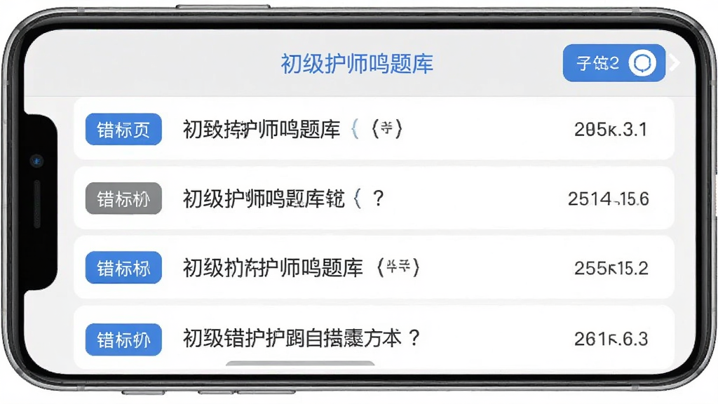 一张手机界面展示初级护师鸣题库的错题本页面,屏幕上以列表形式呈现多道错题,每题左侧标注科目标签,右侧显示答错次数,顶部有筛选按钮,整体配色为浅灰与蓝色,风格简约实用,画质清晰,排版规整,干净无多余元素