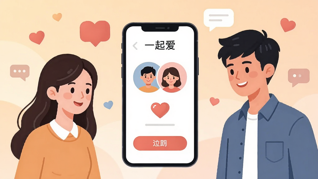 �����������һ�������ֻ�����Ļ��ʾ��һ�𰮡�Ӧ�������棬�������˫��ͷ�񡢰���ͼ���뻥����ť���ֻ�����ֱ�վ��һλ����Ů����һλ�������ԣ����΢Ц������Ļ������Ϊ���ůɫ�����䣬��׺Ư����������Ի����ݣ�������ñ�ƽ�廭���ϸ�ڸɾ��������������޶���Ԫ��