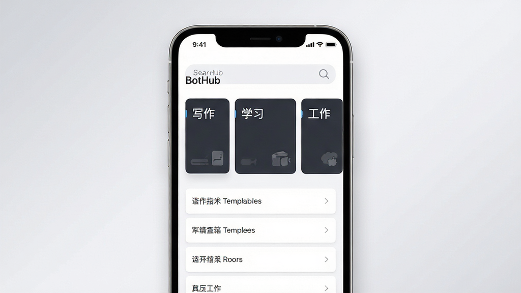 画面主体是一部手机,屏幕显示“BotHub”工作区管理界面,界面上有三个并排的工作区卡片,分别标注写作、学习、工作等文字标签,卡片下方有指令模板列表,布局为纵向排列,顶部有搜索栏,风格为简约商务风,色调以深灰与白色为主,细节上卡片边缘有细线分隔,背景为浅灰渐变,画质高清,干净,无多余元素