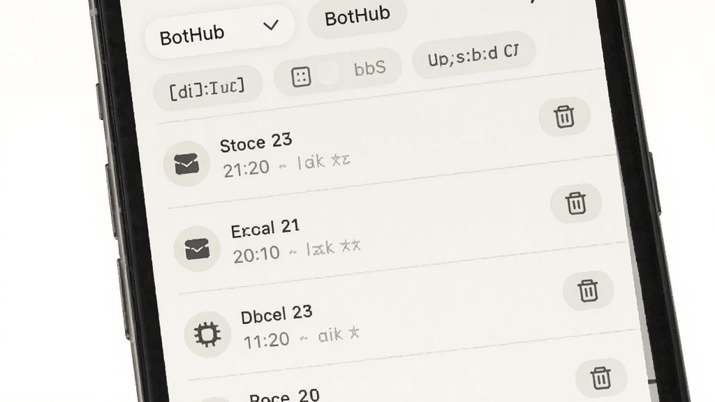 画面主体是一部手机屏幕,屏幕显示“BotHub”会话历史列表界面,列表中排列着多条带时间戳的对话记录,每条记录左侧有小图标,右侧有删除按钮,布局为纵向列表,顶部有筛选标签,风格为素雅极简风,色调以米白与浅灰为主,细节上列表项之间有细线分隔,背景为纯白,画质清晰,干净,无多余元素