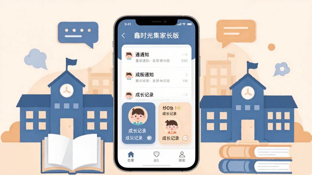 画面主体是一部智能手机居中放置,屏幕上显示“鑫时光集家长版”应用主界面,界面中包含通知列表、孩子头像与成长记录卡片,手机周围环绕学校建筑剪影、书本、对话气泡等元素,整体采用扁平化插画风格,色调以暖蓝与浅橙为主,布局清晰对称,细节丰富但不杂乱,画质干净高清,无多余装饰元素