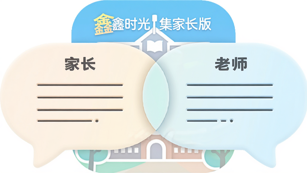画面主体为两个对话气泡相互交汇,左侧气泡标注“家长”,右侧气泡标注“老师”,气泡内包含简洁的文字线条示意,背景中融入“鑫时光集家长版”应用图标与学校轮廓,采用柔和圆角风格,色调清新淡雅,布局平衡,细节精致,画质干净,无杂乱元素
