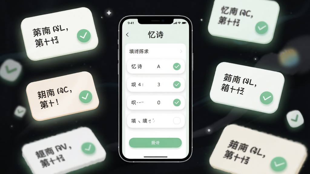 画面主体为一部手机屏幕显示“忆诗”填空练习界面,周围环绕漂浮的诗句卡片与对勾图标,布局为手机居中、卡片环绕,排版活泼有序,风格为轻拟物学习场景风格,细节包括卡片圆角、淡绿对勾、柔和光效,画质清晰干净,无多余元素