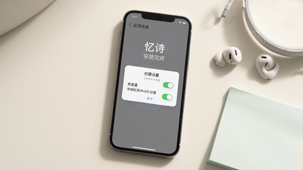 画面主体为一部手机屏幕显示“忆诗”安装完成界面与权限设置弹窗,旁边放置耳机与便签纸,布局为手机居中偏左、配件点缀右侧,排版简洁清晰,风格为数码产品展示风,细节包括权限开关图标、柔和投影、浅色背景,画质高清干净,无多余元素