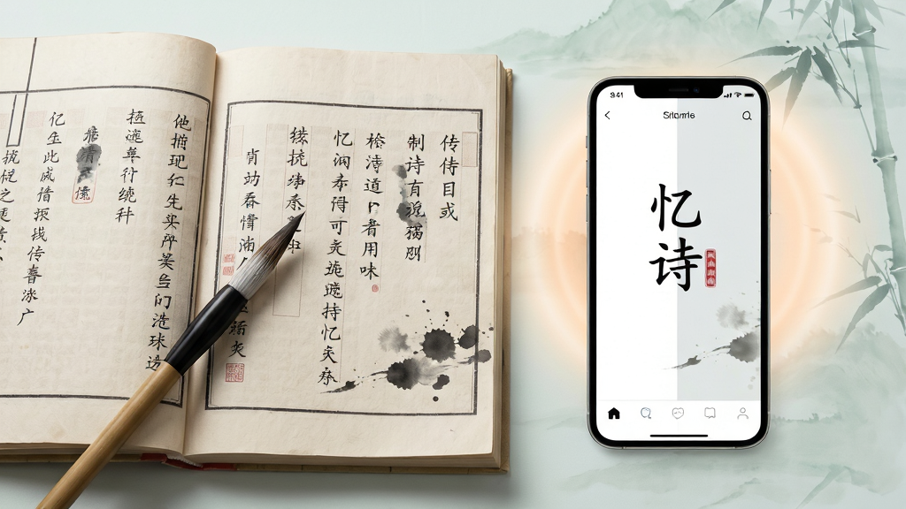 画面主体为一本摊开的古典诗集与一部手机并排摆放,手机屏幕上显示“忆诗”应用界面,布局采用左右分栏,左侧为诗集与毛笔,右侧为手机与柔和光晕,排版干净居中,风格为清新国风与现代简约结合,细节包括书页纹理、墨迹点缀、淡雅背景,画质清晰干净,无多余元素