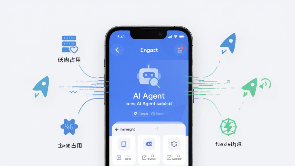 画面展示一部手机与轻量化的数据流线条,手机屏幕显示AI Agent助手主界面,周围有代表低占用、快速启动的抽象图标,背景为浅灰白色,风格清爽简洁,画质细腻,无多余元素