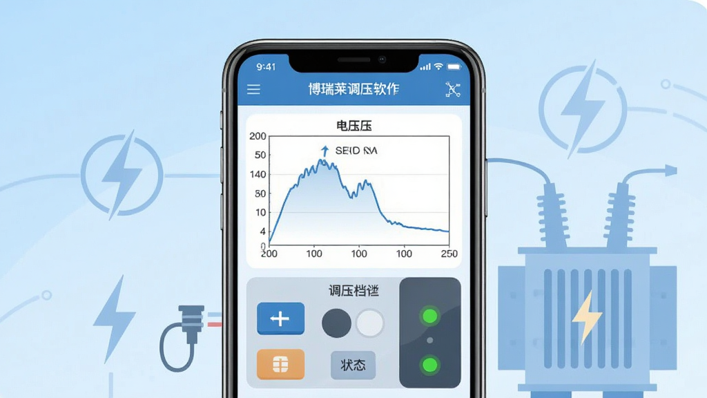 画面主体为一台智能手机居中放置,屏幕内显示博瑞莱调压软件的操作界面,界面包含电压曲线图、调压档位按钮与设备状态指示灯,手机后方为浅蓝色渐变背景,布局简洁对称,排版采用上下分层结构,风格为现代科技扁平化插画,细节处体现电力符号与变压器轮廓,画质清晰干净,无多余元素
