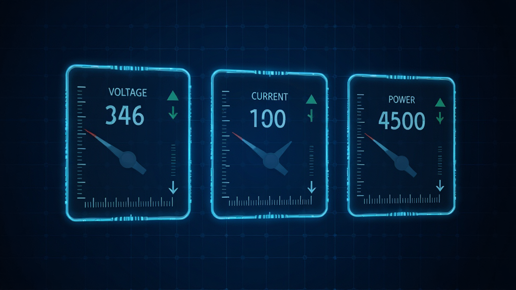 画面主体为一块悬浮的数字化仪表盘,盘面显示电压、电流、功率因数三组数据卡片,卡片边缘带有发光描边,背景为深蓝色科技网格,布局为横向三栏排列,排版整齐,风格为数据可视化科技风,细节包含上升下降箭头与刻度线,画质高清干净,无多余装饰