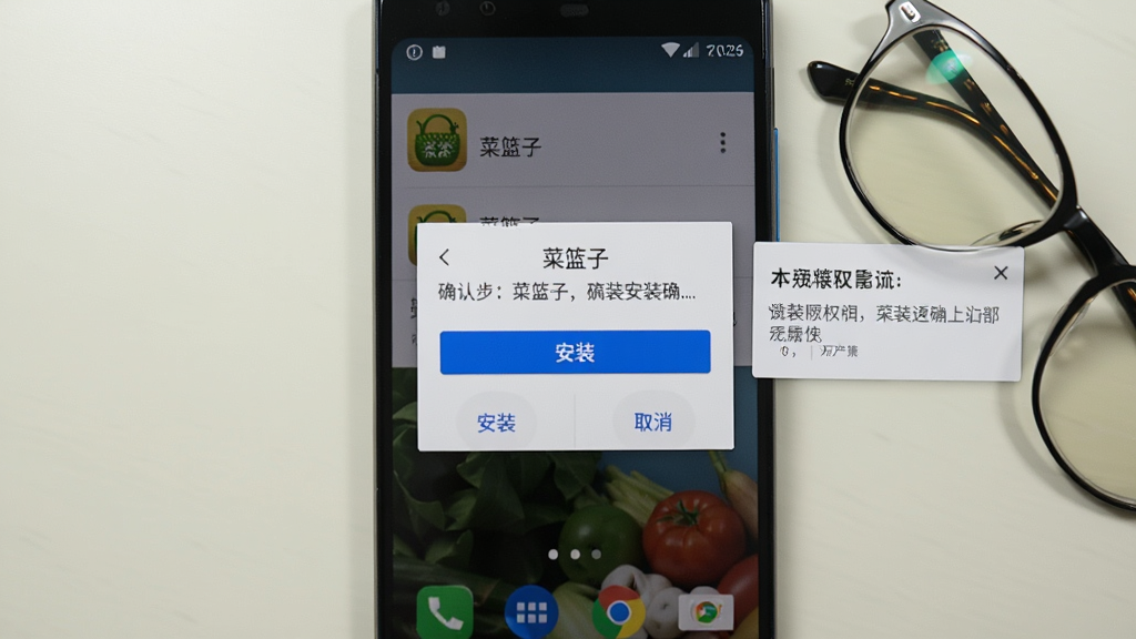 画面为安卓手机安装界面,屏幕上显示“菜篮子”应用安装确认弹窗,带有“安装”“取消”按钮,旁边有权限提示小窗。布局为手机居中,背景是浅色桌面,旁边放一副眼镜。排版突出安装弹窗。风格为写实手机操作演示,细节上弹窗文字用中文,按钮为蓝色高亮。画质清晰,画面干净,无多余元素