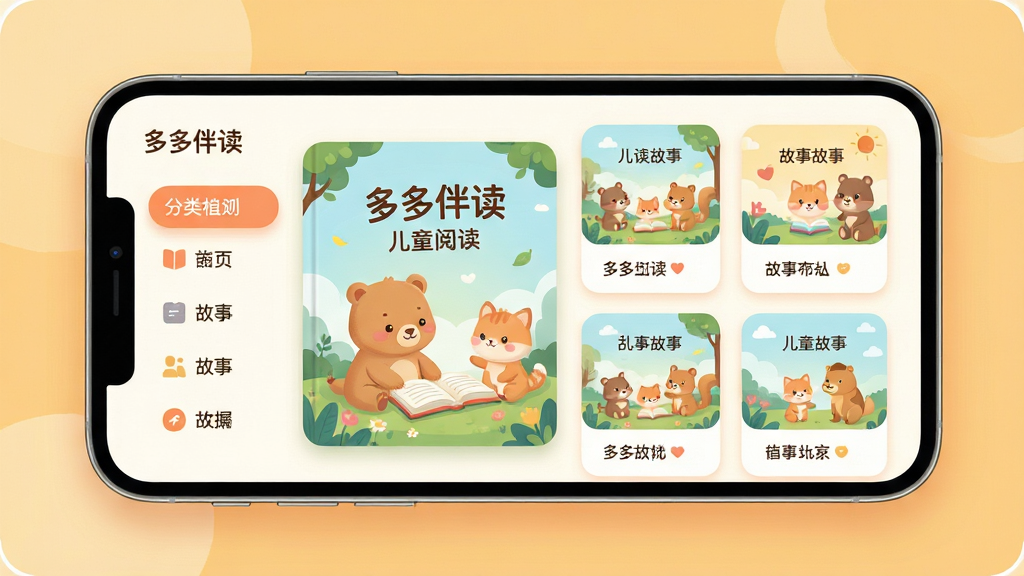 һ����Ϊ����������Ķ�ͯ�Ķ�APP����չʾ������Ϊ�ֻ���Ļ���з��ã���Ļ�ڳ���ɫ����͵Ļ汾�����뿨ͨ�����ɫ�����ֲ������ҷ��������Ϊ���ർ�����Ҳ�Ϊ���¿�Ƭ�����Ű��������򣬷��Ϊ���¿�ͨ��ƽ����ƣ�ϸ�ڰ���Բ��ͼ�ꡢ�����Ӱ��ůɫ�����������ʸ��壬����ɾ����޶���Ԫ��