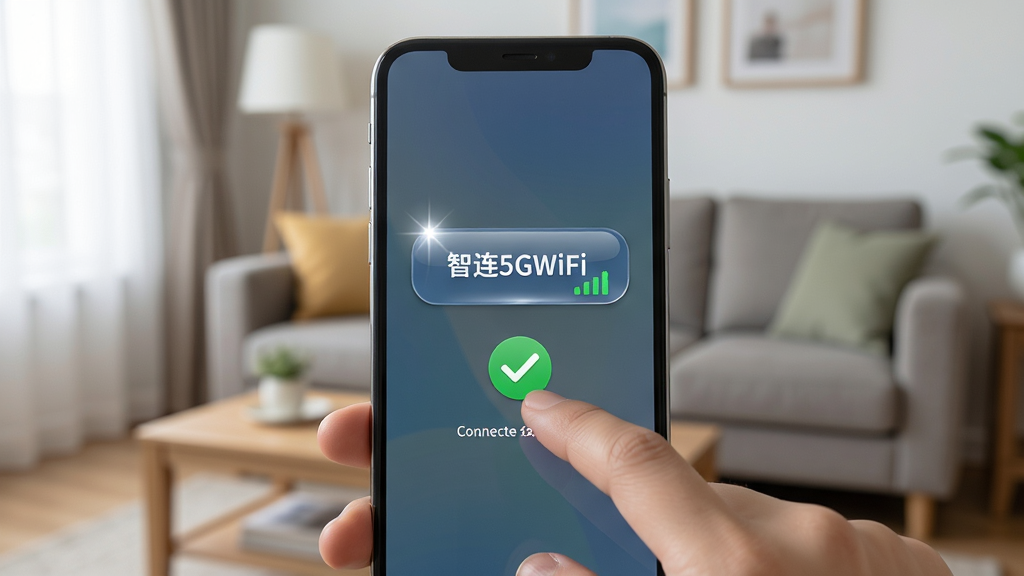 画面主体为一只手持手机点击屏幕的动作特写,手机屏幕显示“智连5GWiFi”的一键连接按钮与绿色连接成功提示,布局为手部与手机占据画面中心,背景为虚化的家庭客厅环境,风格为写实生活化场景,细节包括按钮高光、连接成功的对勾图标、信号满格标识,画质清晰、干净、无多余元素