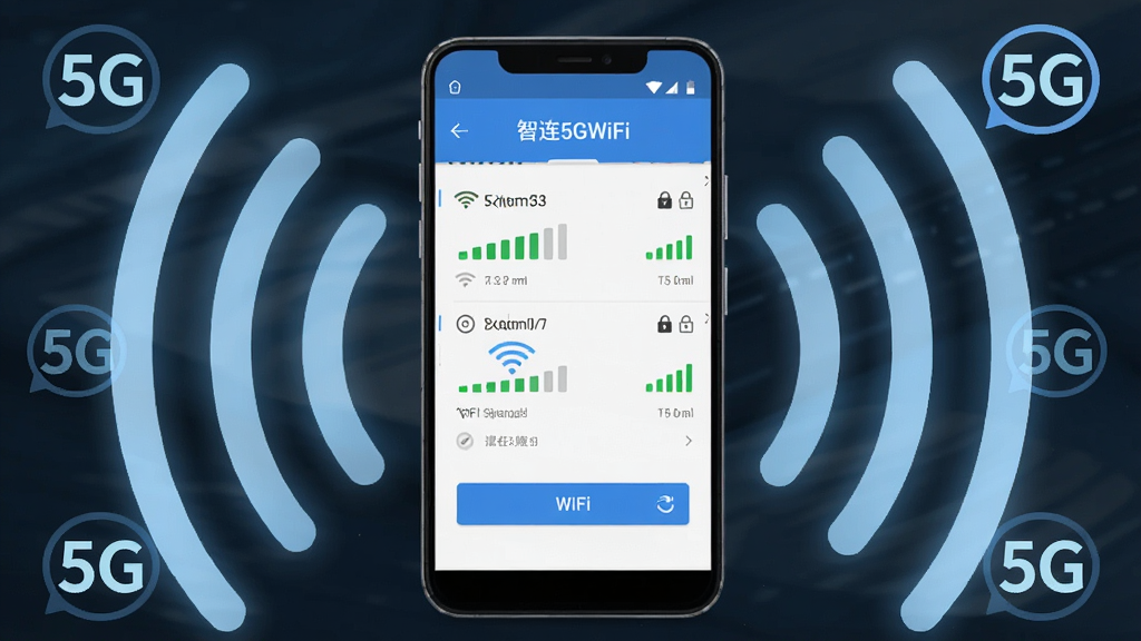 画面主体是一部安卓智能手机居中放置,屏幕上显示“智连5GWiFi”应用主界面,界面中包含WiFi信号列表与连接按钮,布局为手机居中、四周环绕淡蓝色信号波纹与5G标识图标,排版简洁清晰,风格为现代科技扁平化设计,细节包括信号强度条、锁形图标、刷新按钮,画质高清、干净、无多余元素