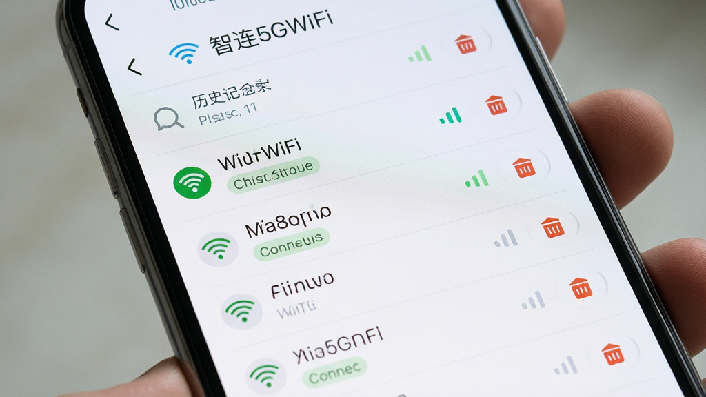 画面主体为手机屏幕特写,显示“智连5GWiFi”的常用网络管理列表界面,列表中排列多个WiFi名称与连接状态标签,布局为屏幕居中、列表纵向排列,风格为清爽浅色UI设计,细节包括历史记录图标、删除按钮、信号强度小图标,画质高清、干净、无多余元素