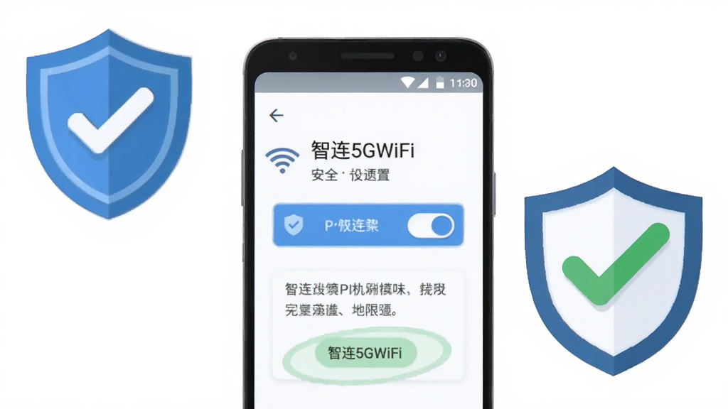 画面主体为一部安卓手机屏幕显示“智连5GWiFi”权限设置引导页面,旁边配有一个盾牌图标与对勾标识,布局为手机居中、盾牌位于左上角,风格为简洁安全提示类扁平插画,细节包括权限开关按钮、文字提示框、绿色安全标识,画质高清、干净、无多余元素