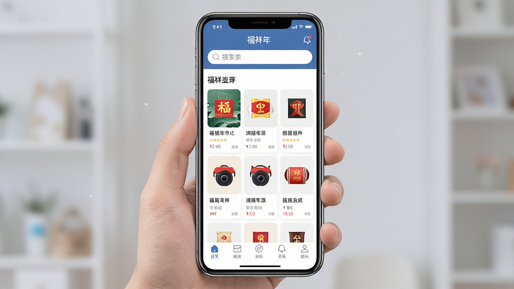 一张手机应用界面展示图,画面主体为手持智能手机,屏幕中显示福祥年应用的首页布局,包含顶部搜索栏、中部商品卡片与底部导航栏,布局清晰居中,排版工整对称,风格为简洁现代的商业UI展示风,细节处体现商品缩略图与文字标签,画质高清,画面干净,无多余元素
