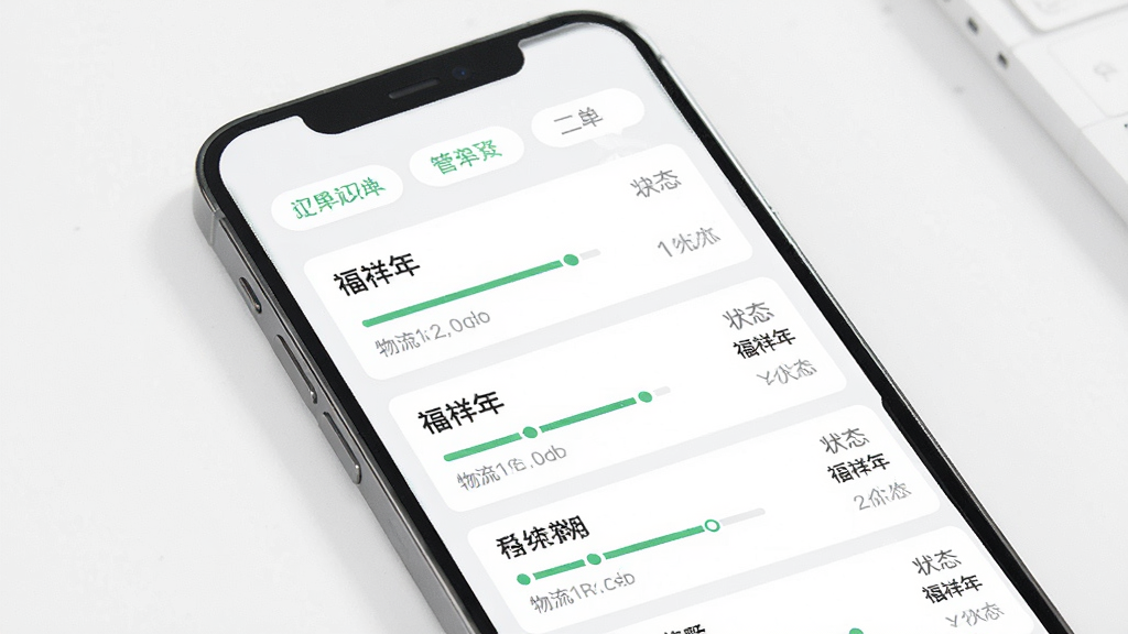 一张应用订单管理页面展示图,画面主体为手机屏幕中的订单列表界面,布局为顶部状态标签加下方订单卡片纵向排列,排版清晰分层,风格为简约商务风,细节处体现物流进度条与状态文字,画面中包含“福祥年”字样,画质高清,画面干净,无多余元素