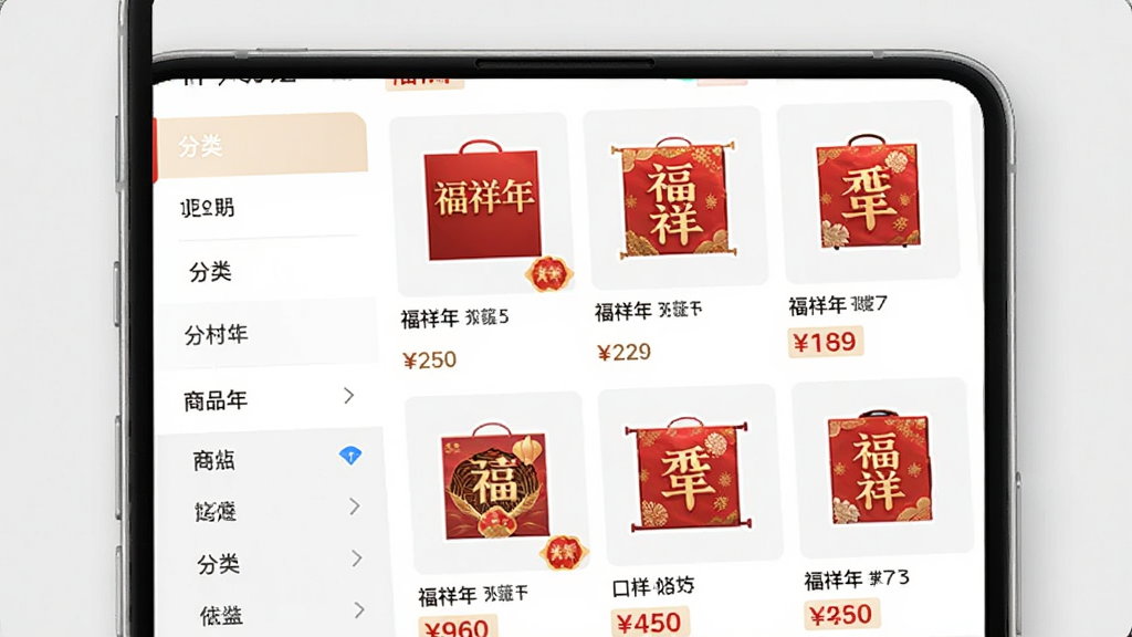 一张应用商品列表页展示图,画面主体为手机屏幕中的商品分类界面,布局为左侧分类栏加右侧商品网格,排版整齐有序,风格为清爽的电商列表风,细节处呈现商品图片与价格标签,画面中包含“福祥年”字样,画质清晰,干净简洁,无多余元素