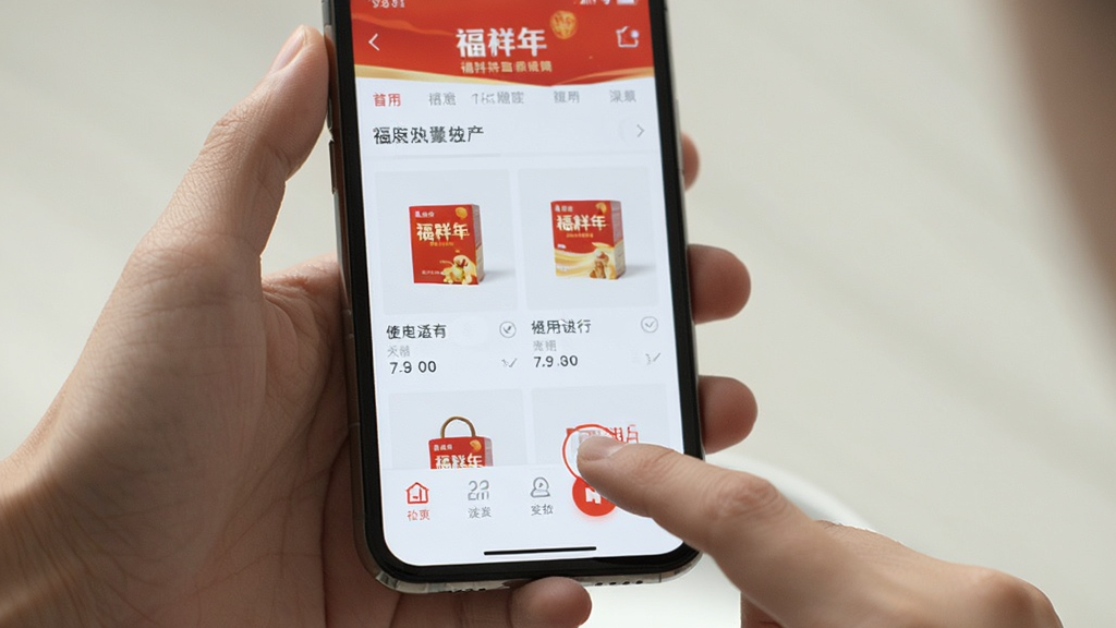 一张手机应用使用场景图,画面主体为一只手握持手机操作福祥年应用的界面,布局为人物手部与屏幕界面特写居中,排版自然,风格为生活化实拍风,细节处体现商品浏览页面与点击动作,画质清晰,画面干净,无多余元素