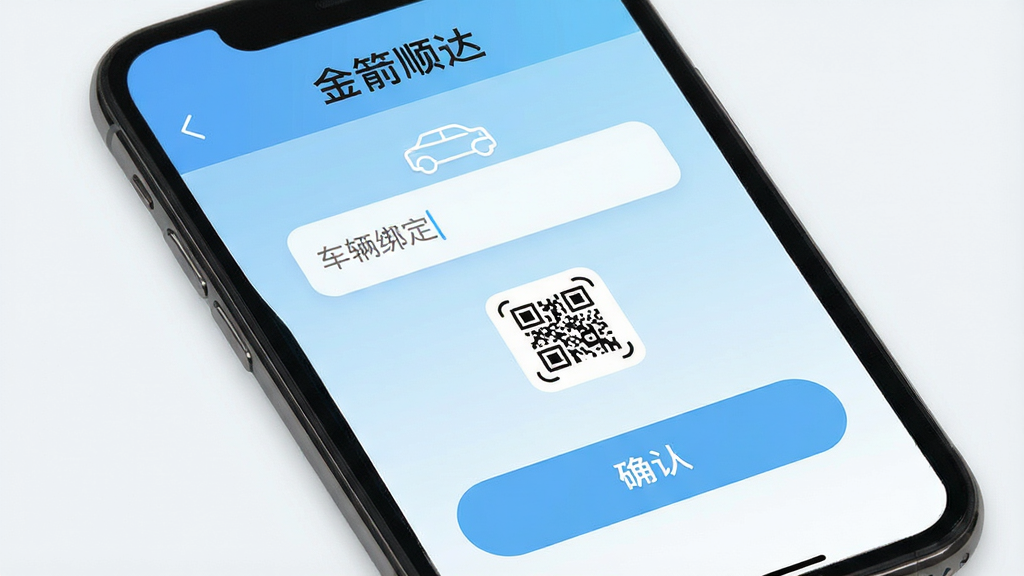 画面主体为手机屏幕特写,显示“金箭顺达”车辆绑定页面,包含输入框、扫码图标与确认按钮;布局为上下结构,顶部为标题栏,中部为表单区域,底部为操作按钮;风格为清爽浅色UI风格,细节包含浅蓝渐变背景、圆角输入框、车辆轮廓小图标;画质清晰干净,无多余元素