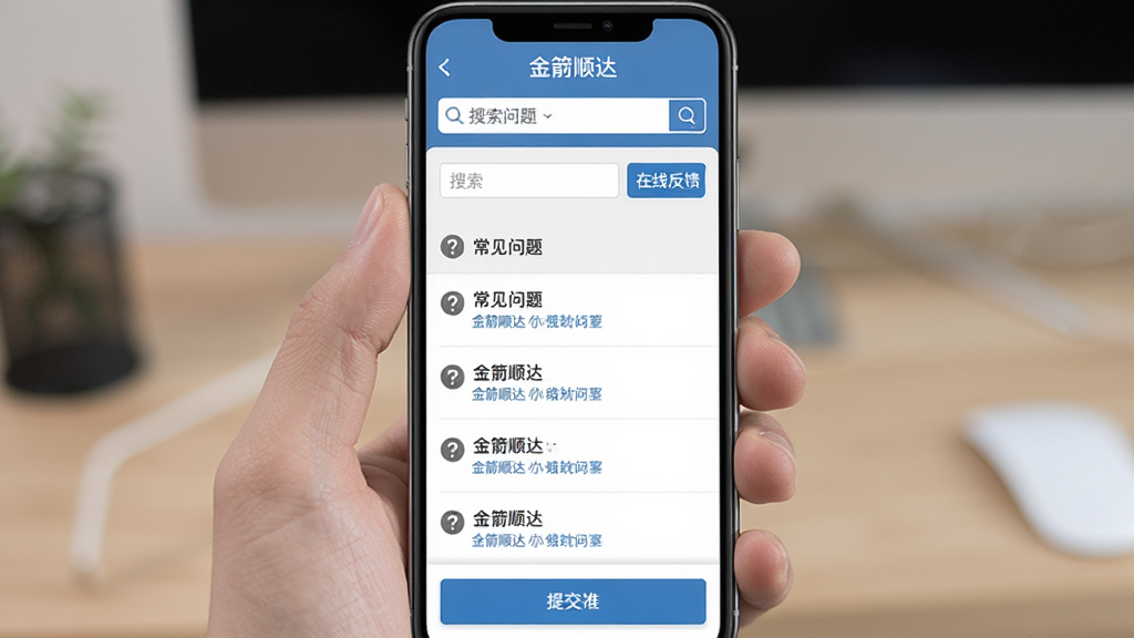 画面主体为手机界面展示“金箭顺达”帮助与反馈页面,包含常见问题列表、搜索框与在线反馈按钮;布局为列表式排版,顶部为搜索区域,中部为问答条目,底部为提交按钮;风格为简约商务风,细节包含灰色分割线、问号图标、蓝色文字链接;画质清晰干净,无多余元素