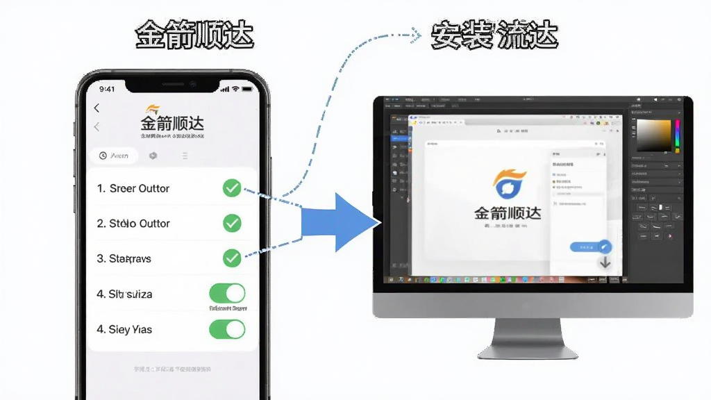 画面主体为手机与电脑双端展示“金箭顺达”安装流程对比图,左侧为手机安装界面,右侧为模拟器运行界面;布局为左右分栏,中间以箭头连接;风格为教程示意图风格,细节包含步骤编号、勾选图标、权限开关示意;画质清晰干净,无多余元素